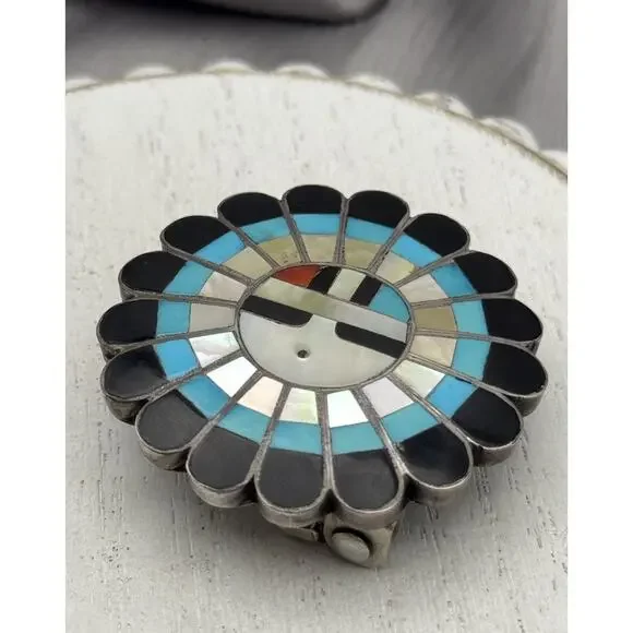 Vintage Native American Sterling Silver And Multi-Stone Inlay Belt Buckle 18.10G - Picture 2 of 6